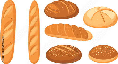 Cheerful Collection of Kawaii Bakery Characters with Smiling Faces Featuring Long Baguette and Buns