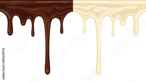 Delicious dark chocolate and creamy white chocolate sauces dripping down, creating an appetizing and sweet liquid dessert background.