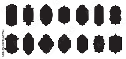 Old islamic window shape in oriental style. Arabic frames or arabian mosque arches in natural pastel colors. Muslim architecture geometric design elements, moroccan minimal door set. Eid mubarak gates