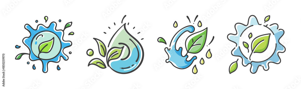 Fototapeta premium Set of four eco-friendly water drop and leaf icons, symbolizing nature and sustainability