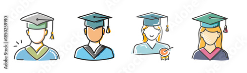 Diverse group of students in graduation caps and gowns, icons