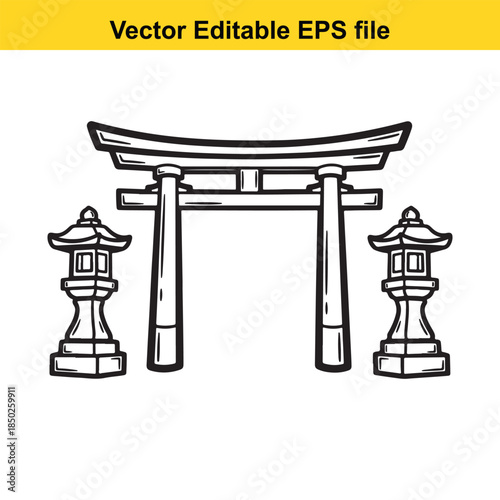  vector illustration of a japanese torii gate with two lanterns in black lines