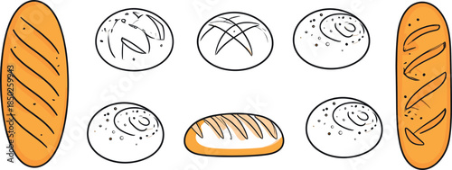 Set of Minimalist Artisan Bread Outlines Featuring Baguettes Loaves and Rolls on White Background