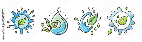 Set of four eco-friendly water drop and leaf icons, symbolizing nature and sustainability