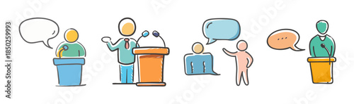 Hand-drawn icons of people speaking at podiums and in conversation