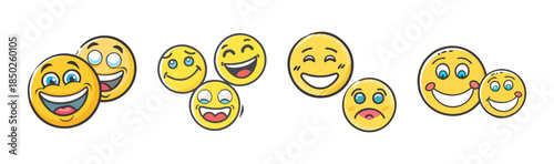 Group of diverse cartoon smileys showing various happy and sad emotions