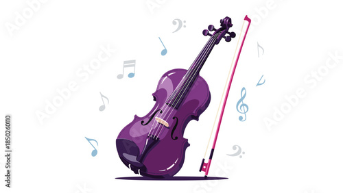 Vibrant purple violin with its elegant bow standing beside it, surrounded by various floating musical notes and symbols.