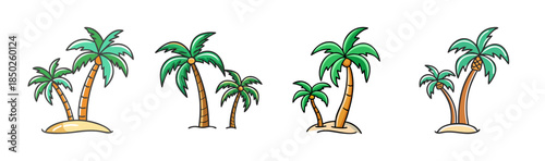 Collection of four cartoon palm trees on sandy islands