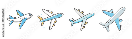 Set of four cartoon airplanes in flight with blue and white colors