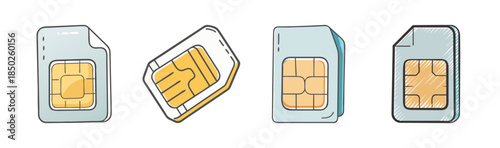Set of four hand-drawn SIM cards and adapters for mobile devices
