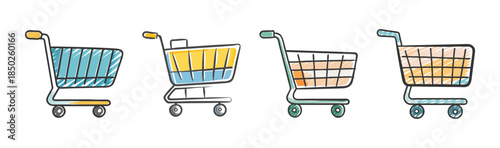Collection of four hand-drawn shopping carts in various colors and styles.