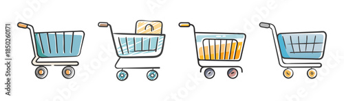 Group of four hand-drawn shopping carts, some filled with products