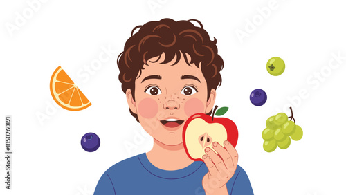 Cheerful boy with curly hair holding a half-eaten red apple, surrounded by a colorful assortment of fresh fruits including blueberries and grapes.