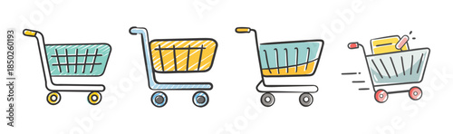 Set of four hand-drawn shopping carts, some conveying movement and goods