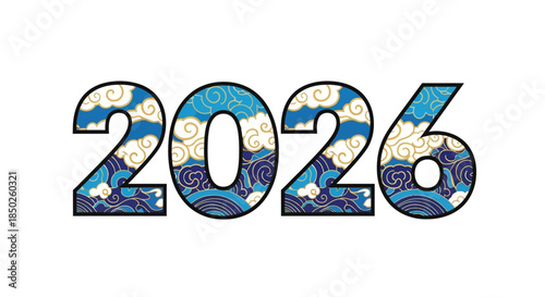 Decorative 2026 numbers with blue wave and cloud pattern.