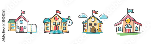 Collection of charming school buildings with flags and clocks for education