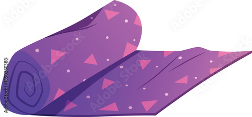 Rug roll with triangle pattern, vector cartoon purple carpet for floor in room, cozy home textile neat mat