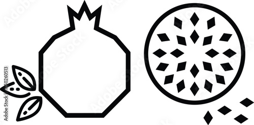 Outline pomegranate fruit and sliced cross section seeds CAD drawing flat vector illustration for food logo branding icon stock