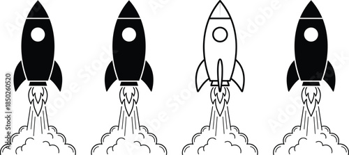Rocket launch icons set CAD drawing flat vector illustration for startup space technology innovation business concept stock