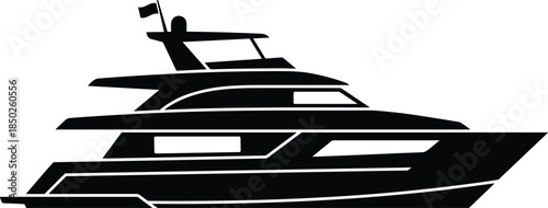 Luxury yacht boat silhouette CAD drawing flat vector illustration for marine travel cruise nautical logo stock