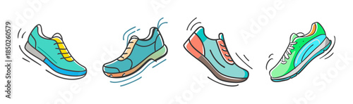 Assortment of four brightly colored athletic shoes in motion, vector art.