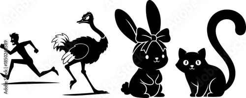 Silhouette of a running man, ostrich, bunny with bow, and cat bird