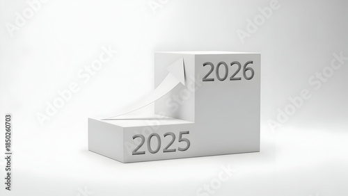Minimal stair-like blocks showing 2025 lower and 2026 higher, white background, upward movement, success and growth concept