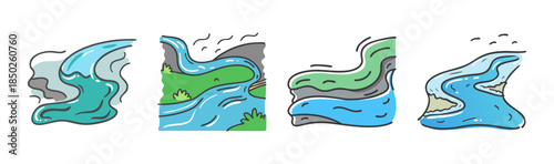 Set of stylized river and water illustrations with grassy banks