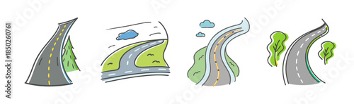 Curving cartoon roads through green landscapes with trees and clouds