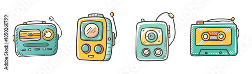 Collection of four retro music players and cassette tape icons
