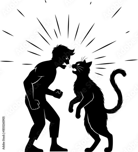 Silhouette of Man and Cat Arguing with Rays of Light person animal