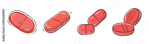 Assortment of red medical pills and capsules in a hand-drawn style