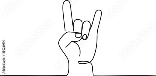 Continuous line drawing of a hand showing a rock and roll gesture
