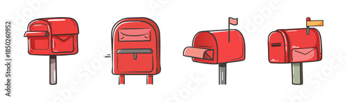Variety of red mailboxes in a stylized, hand-drawn vector design