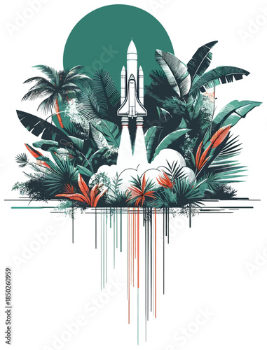 A vector illustration grunge artwork showing a space rocket taking off from the middle of a jungle