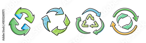 Assorted hand-drawn recycling symbols and arrows in various colors