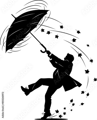 Silhouette of man struggling with windblown umbrella and falling leaves struggle