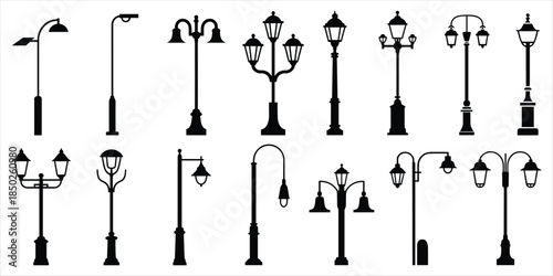 Assortment of Vintage and Modern Street Lamp Silhouettes lamp post lighting