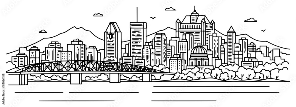 Obraz premium Modern city skyline with skyscrapers and steel bridge panoramic line art vector design