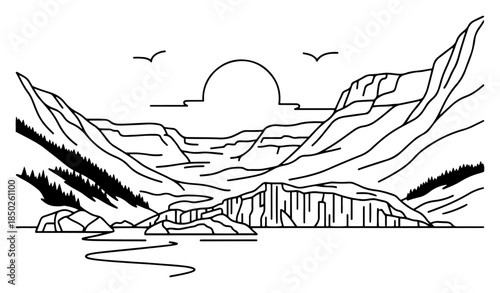 Minimalist vector line art of a mountain landscape with sunrise and birds