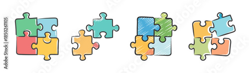 Group of colorful hand-drawn jigsaw puzzle pieces, some connected, some separate.