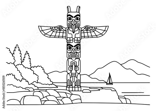 Traditional native totem pole standing near a lake with mountains in background