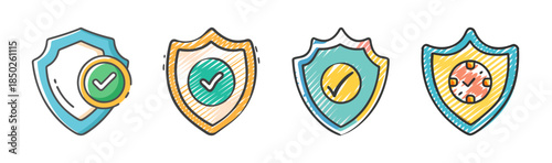 Collection of four hand-drawn shield icons with checkmarks and clocks