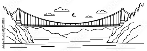 Panoramic view of suspension bridge connecting rocky cliffs in black and white line art style
