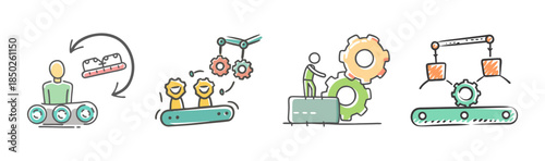 Production process icons showing assembly line and teamwork