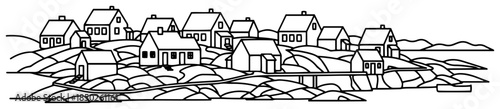 Photos Coastal fishing village with small cottages on rocky shore line art vector illus