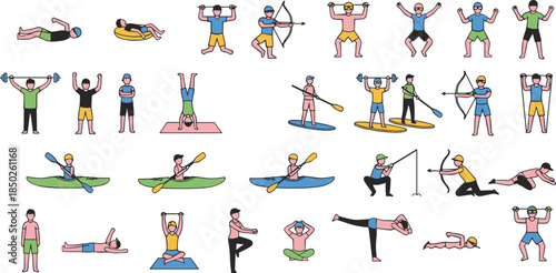 Collection of People Doing Sports and Fitness Activities Including Swimming Archery Kayaking Weightlifting and Yoga for Healthy Lifestyle Vector Illustration