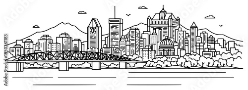 Modern city skyline with skyscrapers and steel bridge panoramic line art vector design