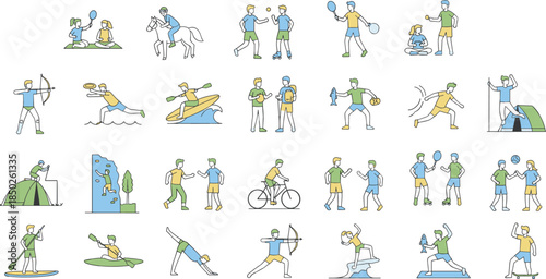Collection of People Engaging in Outdoor Sports and Activities Like Cycling Archery Kayaking Surfing and Camping in Simple Flat Vector Style