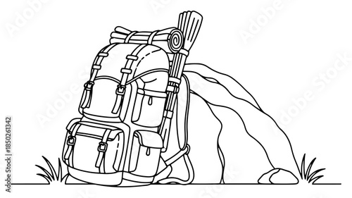 Large hiking backpack with sleeping mat leaning against rock line art